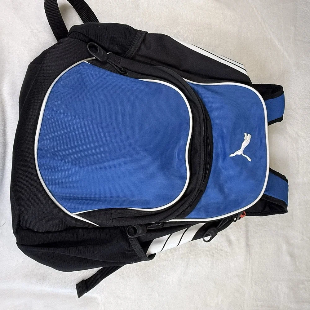 PUMA Backpack Blue Black White Multi Pocket Padded School Sport Travel Bag
